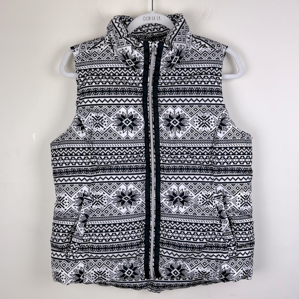 Land’s End | Down Puffer Fair Isle Snowflake Vest Black & White | M (10 - 12).